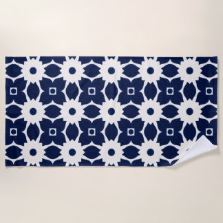 Navy Blue and White Geometric Floral Beach Towel