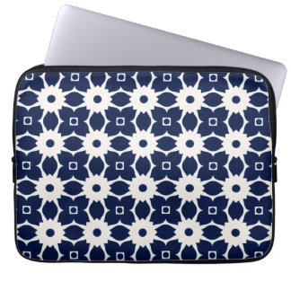 Navy Blue and White Geometric Floral Laptop Sleeve