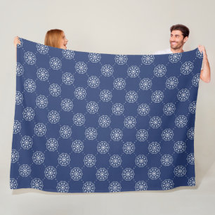 Navy Blue and White Geometric Floral Pattern Fleece Blanket
