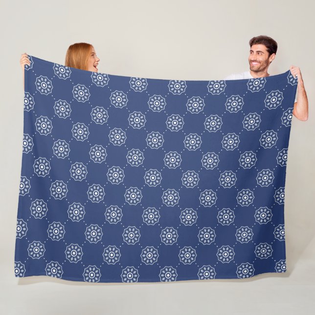 Navy Blue and White Geometric Floral Pattern Fleece Blanket (In Situ)