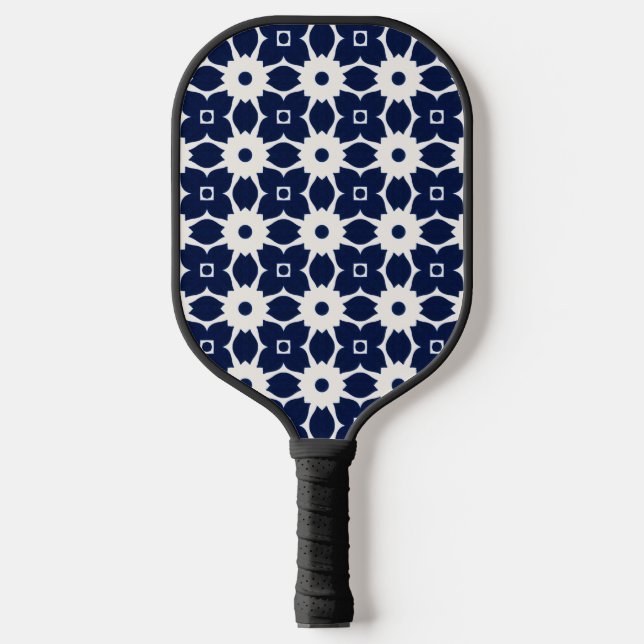 Navy Blue and White Geometric Floral Pickleball Paddle (Front)