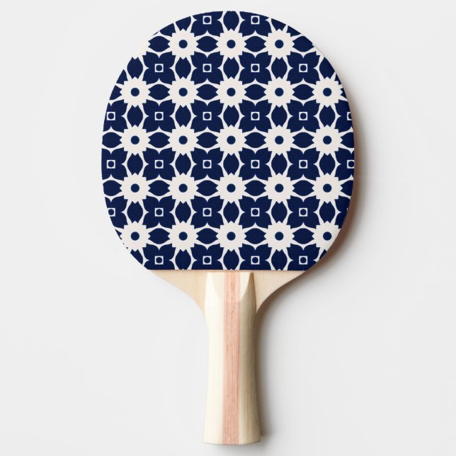 Navy Blue and White Geometric Floral Ping Pong Paddle (Front)