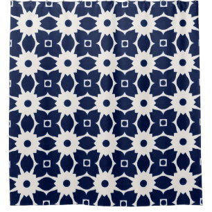 Navy Blue and White Geometric Floral Shower Curtain