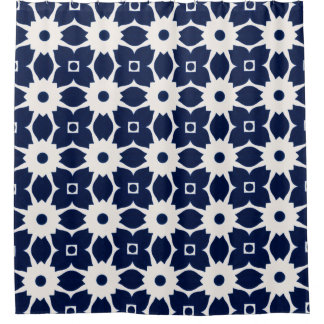Navy Blue and White Geometric Floral Shower Curtain