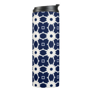 Navy Blue and White Geometric Floral Thermal Tumbler