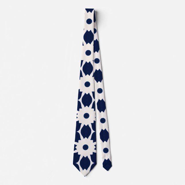 Navy Blue and White Geometric Floral Tie (Front)