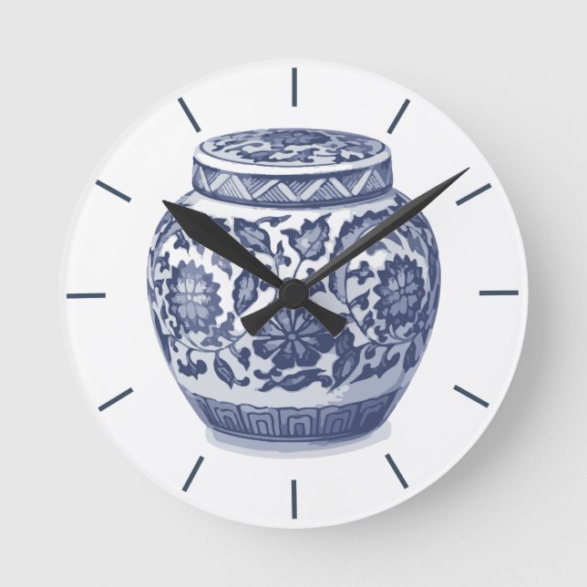 Navy Blue and White Ginger Jar Chinoiserie Design Round Clock (Front)