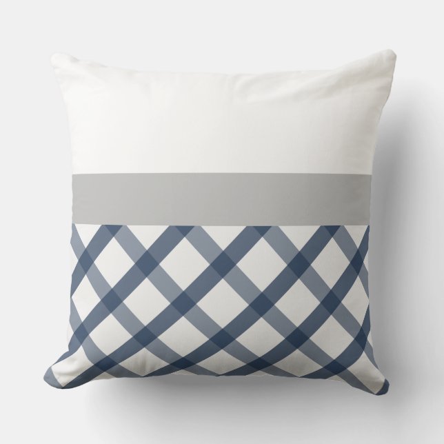 Navy Blue and White Gingham with Light Grey accent Cushion (Front)