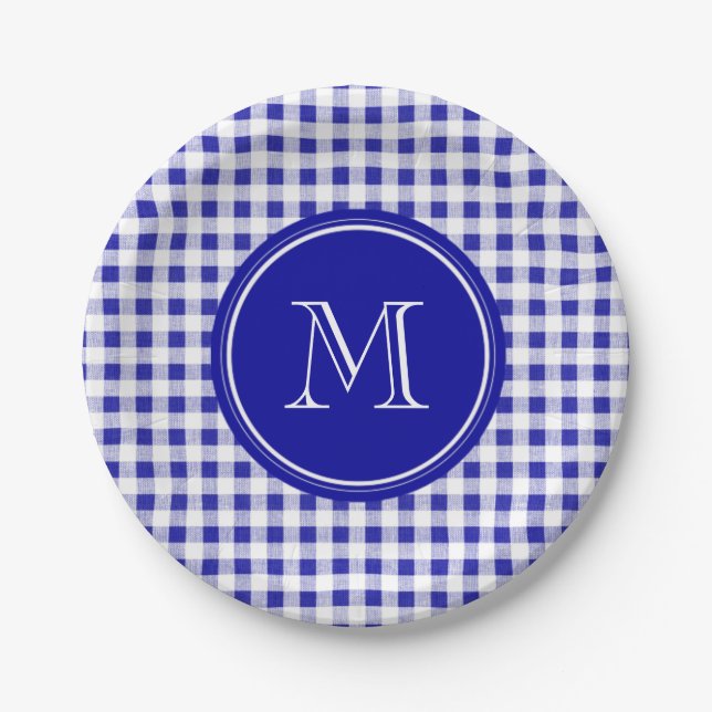 Navy Blue and White Gingham, Your Monogram Paper Plate (Front)