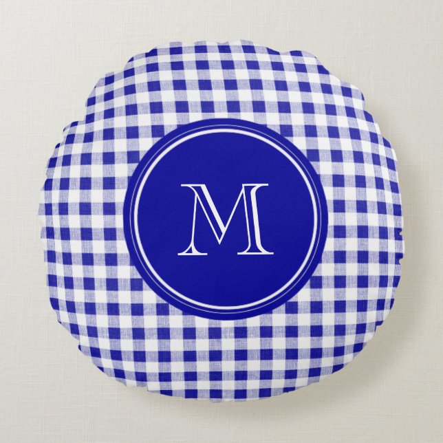 Navy Blue and White Gingham, Your Monogram Round Cushion (Front)