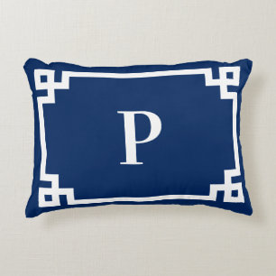 Navy Blue and White Greek Key Border Monogram Decorative Cushion