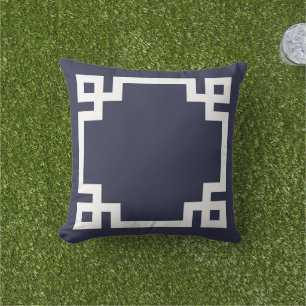 Navy Blue and White Greek Key Border Outdoor Cushion