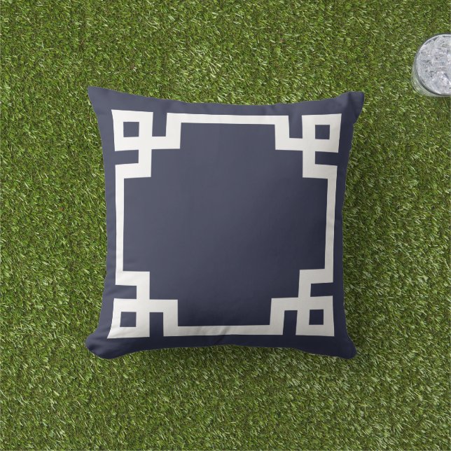 Navy Blue and White Greek Key Border Outdoor Cushion (Grass)