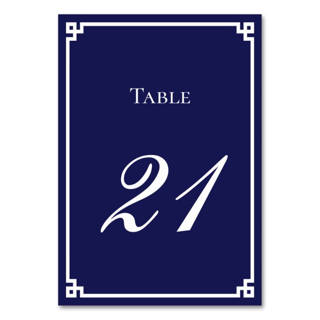 Navy Blue and White Greek Key Border Wedding Table Number (Front)