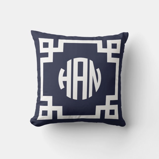 Navy Blue and White Greek Key Circle Monogram HAN Cushion (Front)