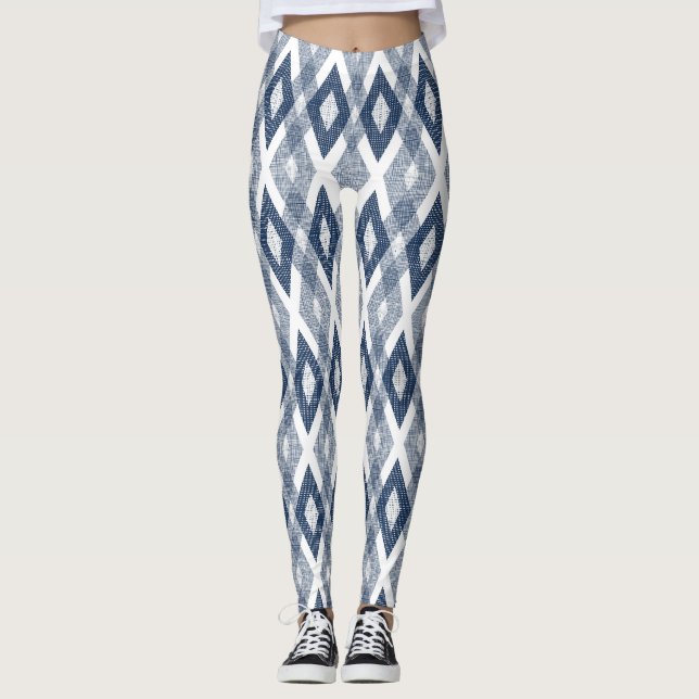 Navy Blue and White Grunge Harlequin Pattern Leggings (Front)