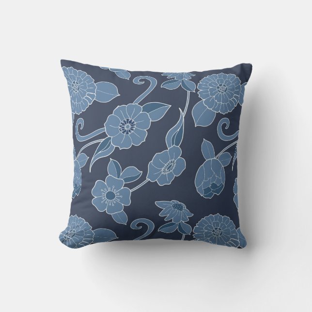 Navy Blue and White Hamptons Bold Floral Pattern Cushion (Front)