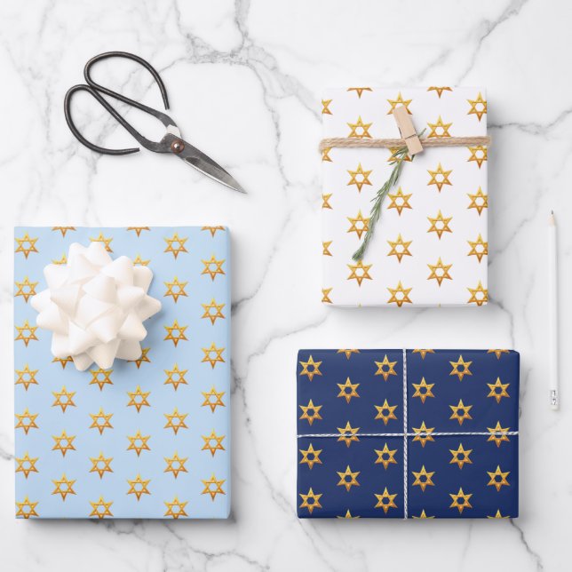 Navy Blue And White Hanukkah Golden David Star Wrapping Paper Sheet (Front)