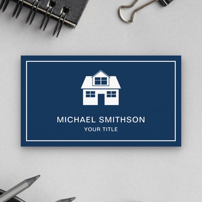 Navy Blue and White Home Icon Real Estate Agent Business Card (Creator Uploaded)