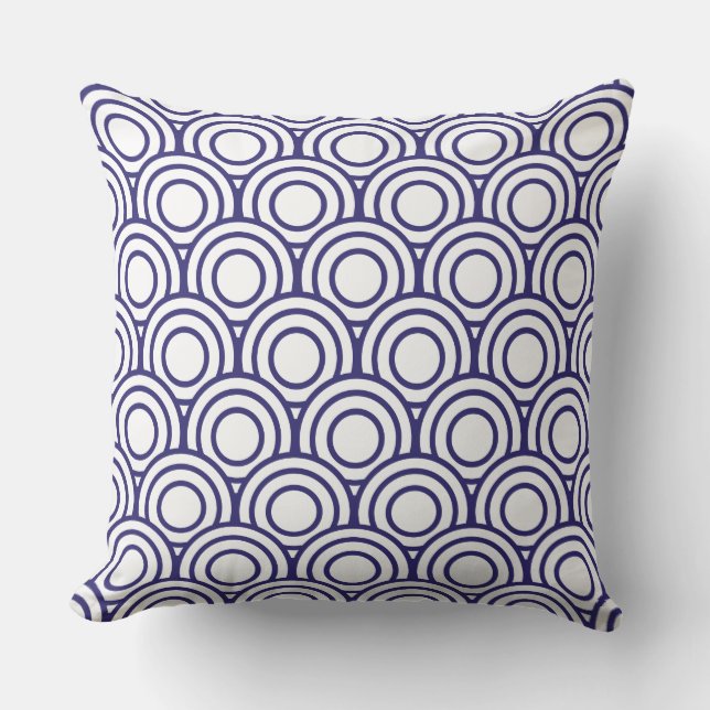 Navy Blue and White Japanese Geometric Circle Outdoor Cushion (Front)