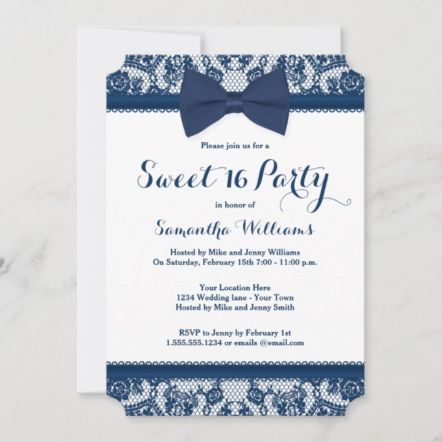Navy Blue and White Lace Bow Sweet 16 Party Invitation (Front)