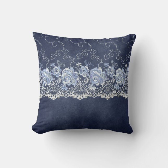 Navy Blue and White Lace Cushion (Front)