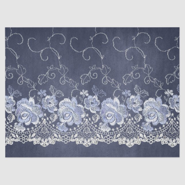 Navy Blue and White Lace Decoupage Tissue Paper (Front)