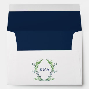 Navy Blue and White Laurel Crest Monogram Wedding Envelope