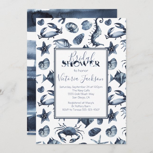 Navy Blue and White Marine Bridal Shower Invitation (Front/Back)
