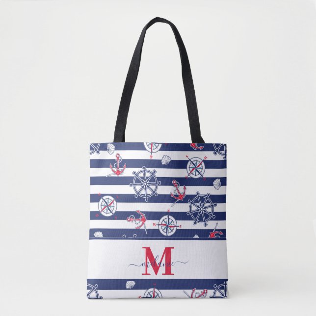 Navy Blue and White Marine Custom Name Tote Bag (Front)