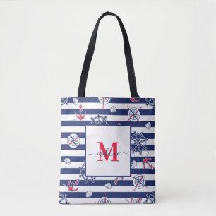 Navy Blue and White Marine Custom Name Tote Bag