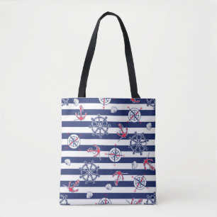 Navy Blue and White Marine Shoulder Tote Bag