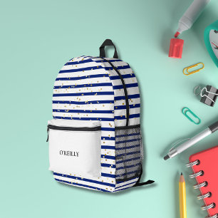 Navy Blue and White Marine Stipes Modern Monogram Printed Backpack