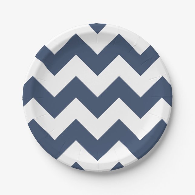 Navy Blue and White Modern Chevron Paper Plate (Front)