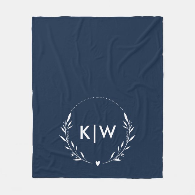 Navy Blue and White | Modern Initials Monogram Fleece Blanket (Front)