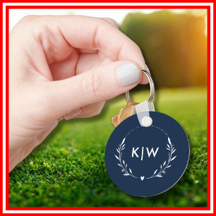 Navy Blue and White Modern Initials Monogram Key Ring