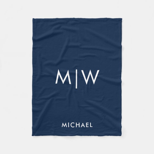 Navy Blue and White | Modern Monogram Fleece Blank Blanket (Front)