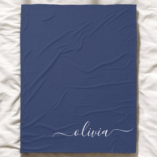 Navy Blue and White Modern Monogram Fleece Blanket