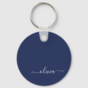 Navy Blue and White Modern Monogram Key Ring