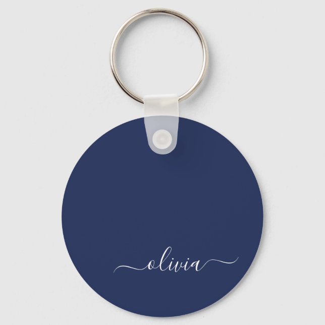 Navy Blue and White Modern Monogram Key Ring (Front)
