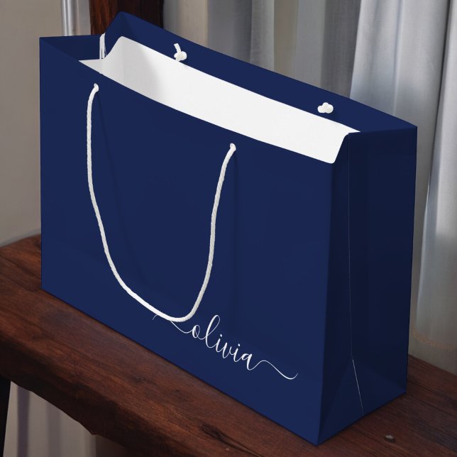Navy Blue and White Modern Monogram Large Gift Bag (Creator Uploaded)