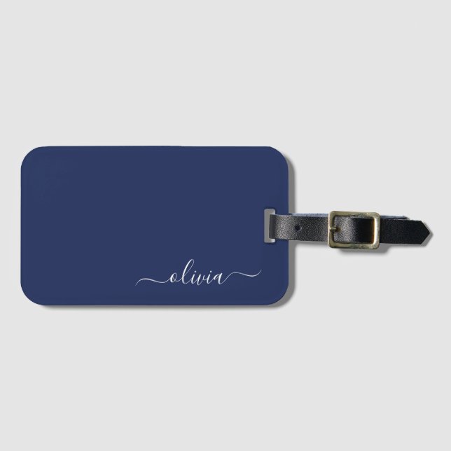 Navy Blue and White Modern Monogram Luggage Tag (Front Horizontal)