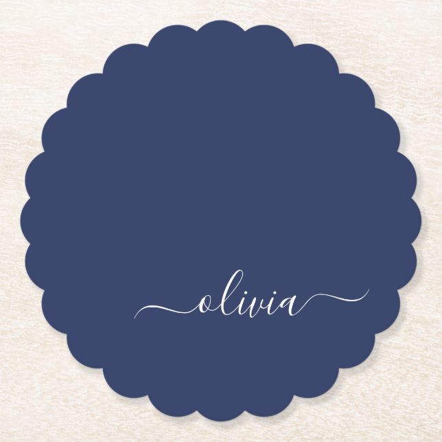 Navy Blue and White Modern Monogram Paper Coaster (Front)