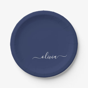 Navy Blue and White Modern Monogram Paper Plate