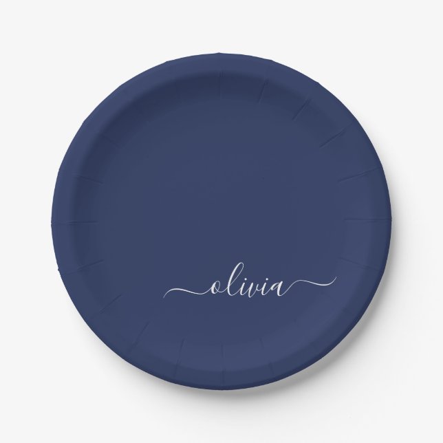 Navy Blue and White Modern Monogram Paper Plate (Front)