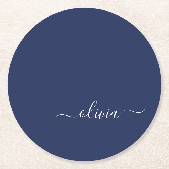 Navy Blue and White Modern Monogram Round Paper Coaster (Front)