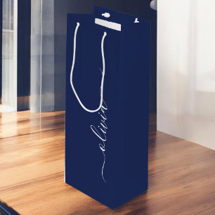 Navy Blue and White Modern Monogram Wine Gift Bag