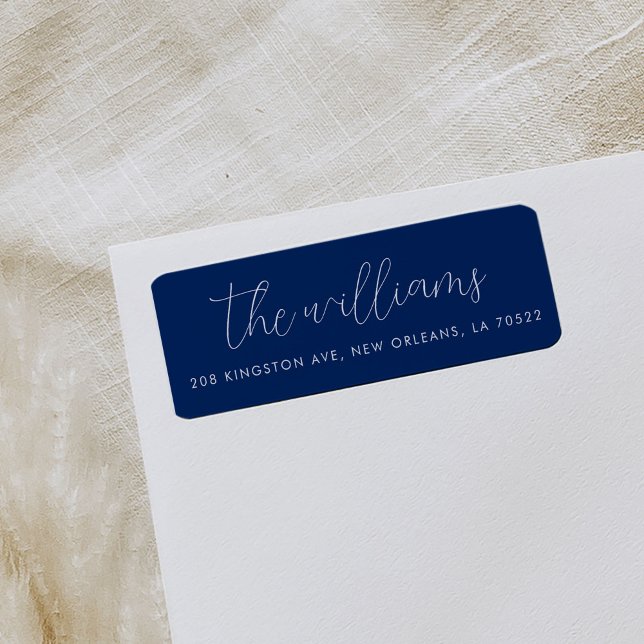 Navy Blue and White Modern Script Return Address Label (Creator Uploaded)