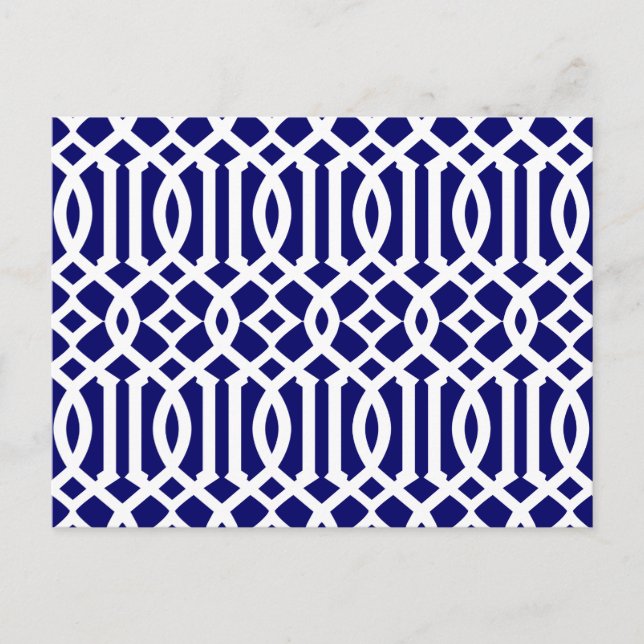 Navy Blue and White Modern Trellis Pattern Postcard (Front)