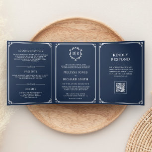 Navy Blue and White Monogram QR Code Wedding Tri-Fold Invitation